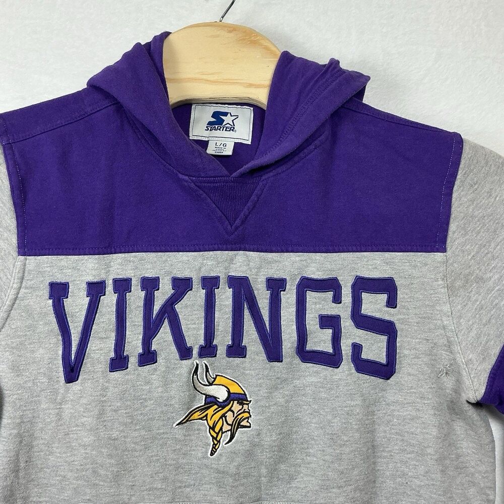 Minnesota Vikings Starter Hoodie Grey Purple Men’s Large NFL Pullover Sweatshirt